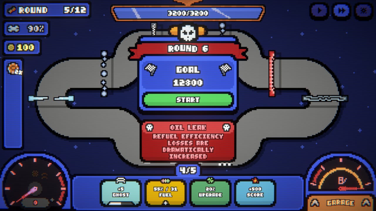 The Loopler HUD showing score, fuel, boost, and a looping slot-car track during a run